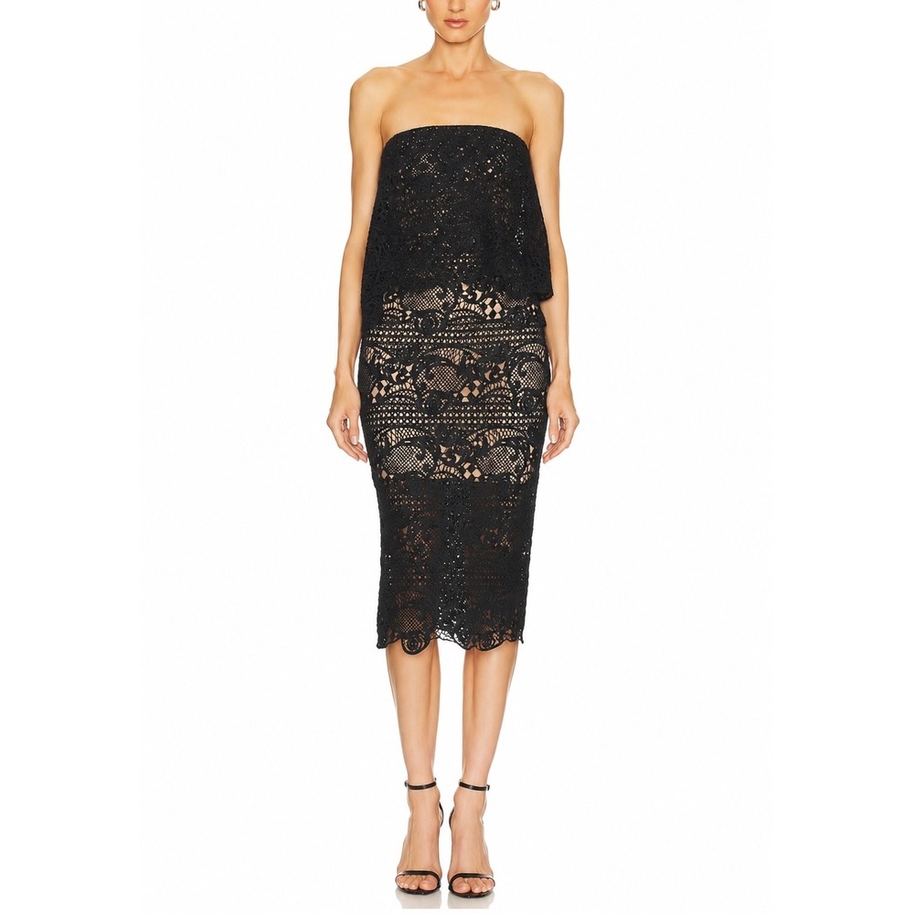 ELLIATT Heavenly Creatures Strapless Guipure Lace Nude Illusion Midi Dress
